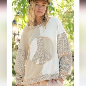 POL Colorblock Peace Sign Patch Front Top Cream Sand Oversized Frayed Edges Sz S